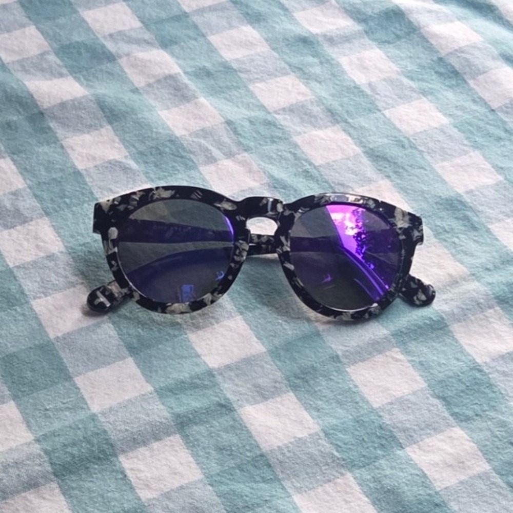 DIFF Eyewear Sunglasses Black White Marble Purple Mirror Lens Round Retro - Picture 3 of 10